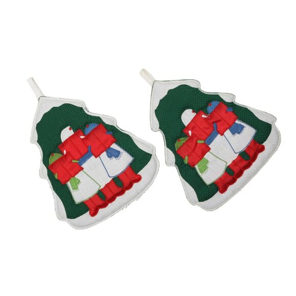 Vintage Embroidered Christmas Tree Carollers Padded Potholders Holiday Set of 2 - Picture 2 of 8